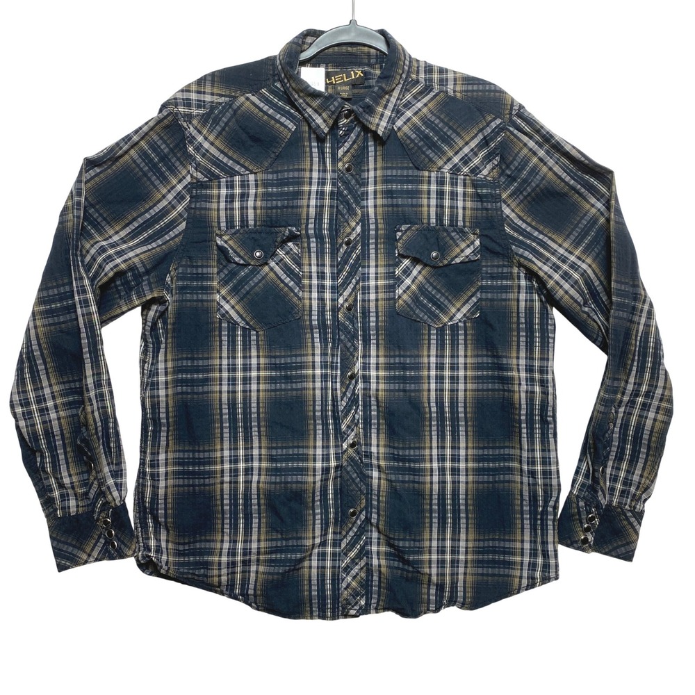 Helix Shirt Mens XL Black Yellow Long Sleeve Plaid Western Snap Button Cotton